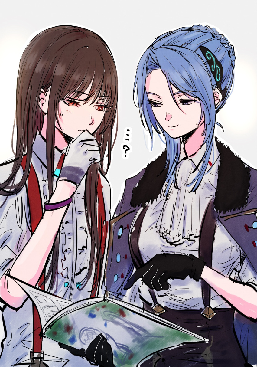 ...?, 2girls, black_gloves, blue_hair, book, brown_hair, center_frills, closed_mouth