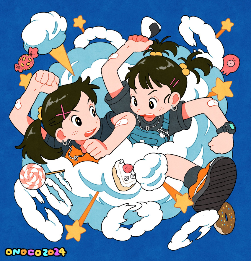 angry, bandaid, blue_background, brown_hair, candy, child, doughnut, dust_cloud