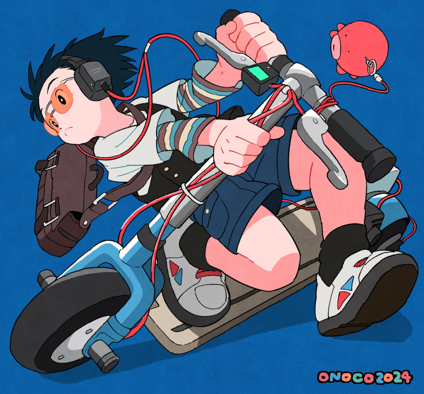 ambiguous_gender, artist_name, aviator_sunglasses, black_hair, blue_background, braking, briefcase, charm_(object), denim, denim_shorts, food, food_art, headphones, highres, horizontal-striped_sleeves, layered_clothes, motor_vehicle, onoconokoko0625, original, school_briefcase, scooter, shoes, short_hair, shorts, signature, sneakers, sunglasses, tako-san_wiener, vest