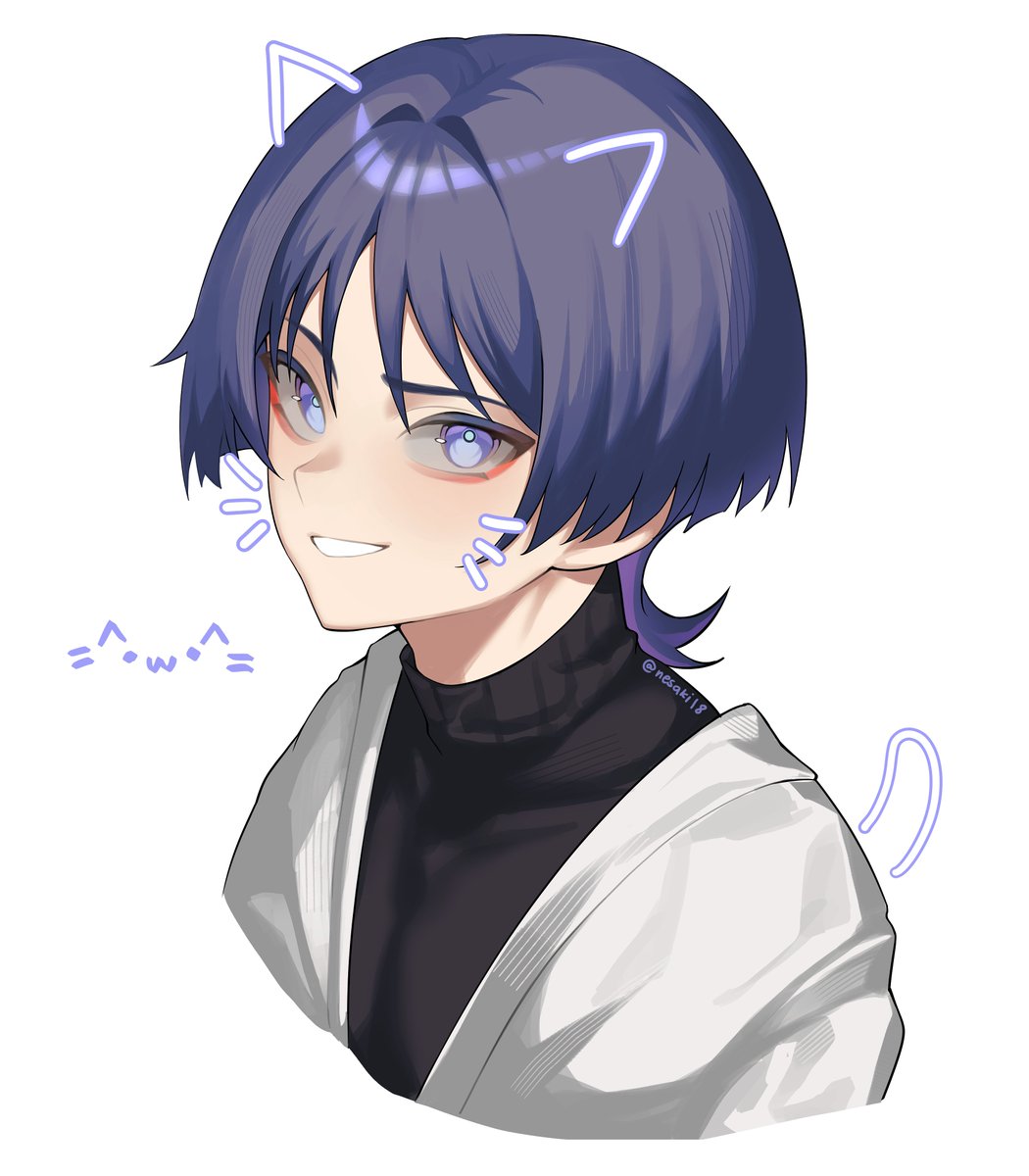 1boy, black_sweater, blunt_ends, bright_pupils, covered_pectorals, cropped_torso, drawn_ears, drawn_tail