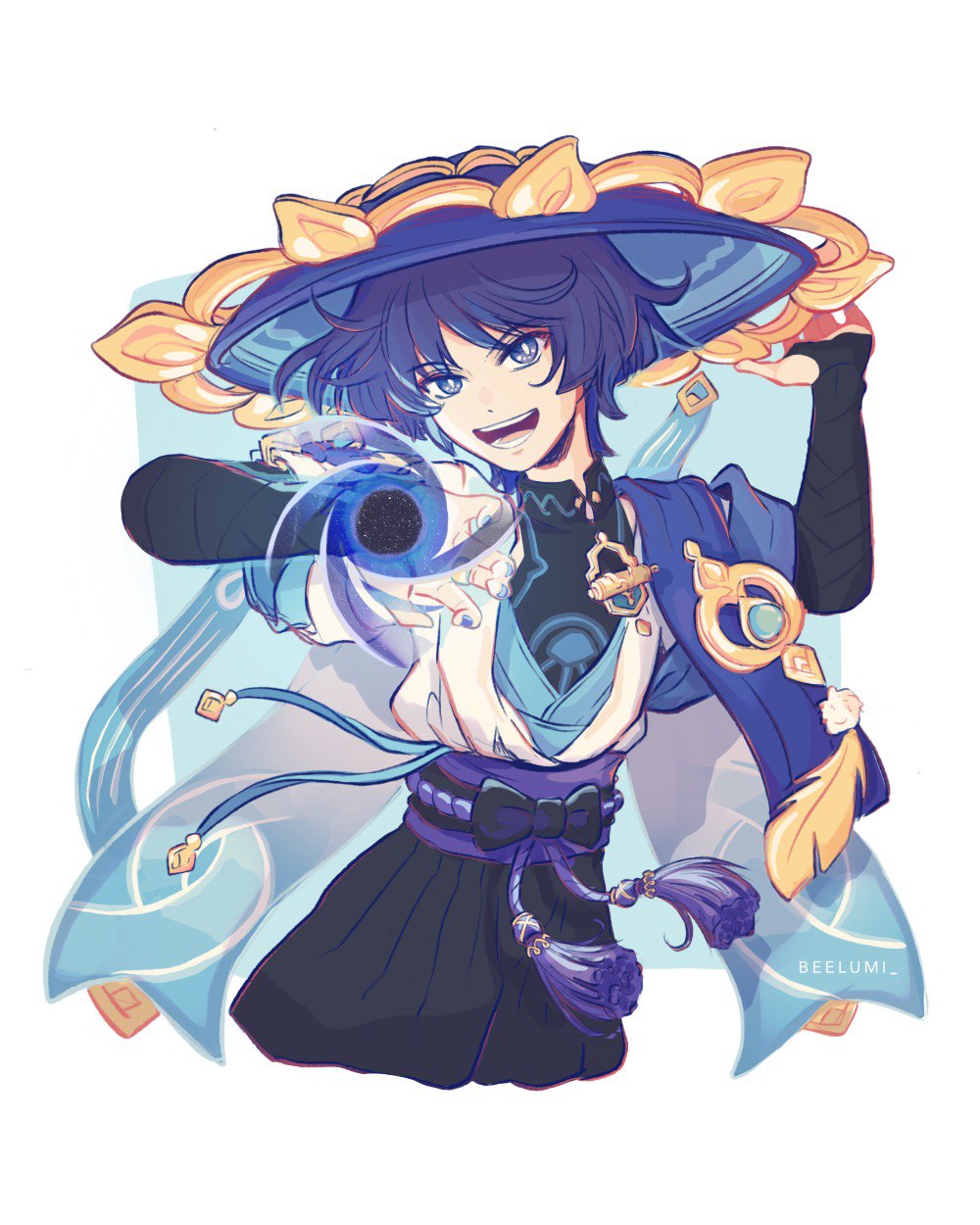 1boy, armor, beelumi, belt, black_bodysuit, black_bow, black_shorts, blue_cape