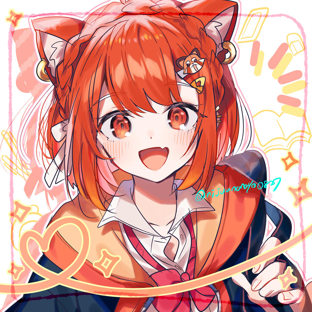 1girl, :d, animal_ear_fluff, animal_ear_piercing, animal_ears, animal_hair_ornament, artist_name, black_jacket