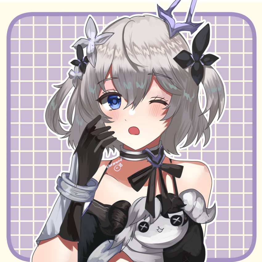 1girl, aether_gazer, bare_shoulders, black_dress, black_gloves, black_ribbon, blue_eyes, blue_sealad