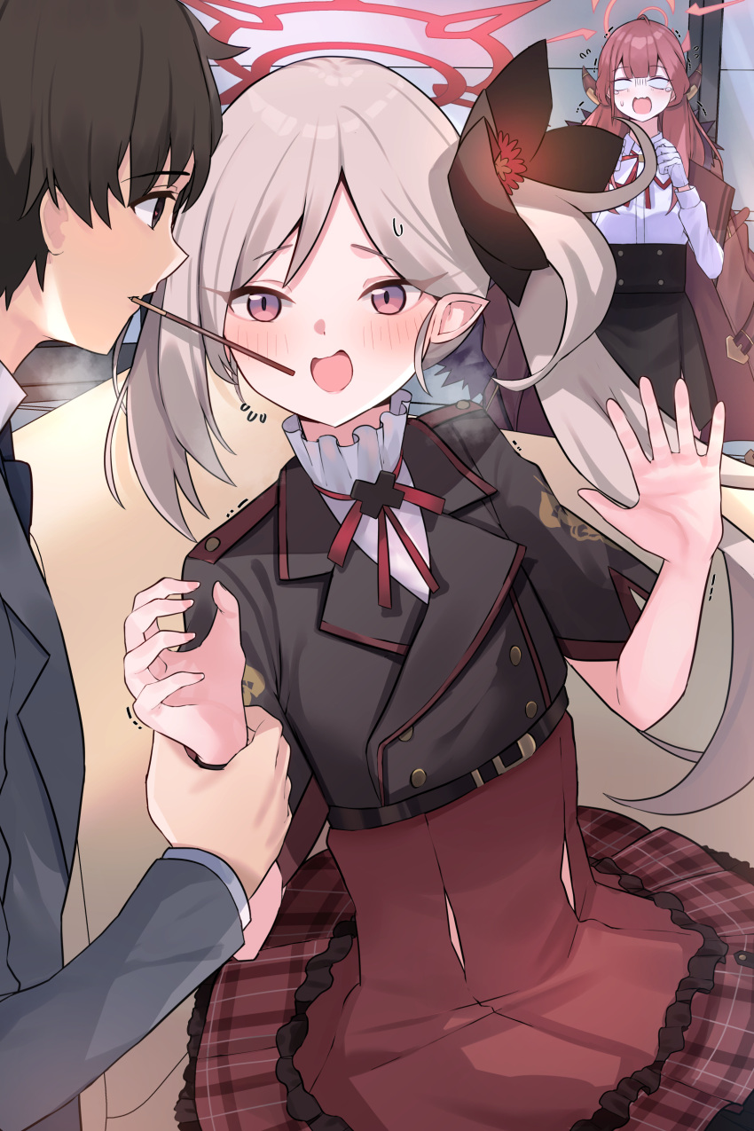 1boy, 2girls, :d, absurdres, aru_(blue_archive), black_flower, black_hair, black_skirt, blank_eyes, blue_archive, blunt_bangs, blush, breath, coat, coat_on_shoulders, commentary, couch, cowboy_shot, curled_horns, demon_horns, flirting, flower, flying_sweatdrops, food, food_in_mouth, frilled_skirt, frills, gloves, grabbing_another's_arm, grey_hair, grey_suit, hair_behind_ear, hair_flower, hair_ornament, halo, hand_up, hands_up, heart, heart-shaped_pupils, hetero, high-waist_skirt, highres, horns, imminent_pocky_kiss, indoors, long_hair, long_sleeves, looking_at_another, mi_taro333, multiple_girls, mutsuki_(blue_archive), on_couch, open_mouth, outstretched_hand, parted_bangs, personality_switch, pink_hair, pink_halo, plaid_clothes, plaid_skirt, pocky, pocky_in_mouth, pocky_kiss, pointy_ears, red_halo, red_skirt, sensei_(blue_archive), sensei_(blue_archive_the_animation), shirt, short_hair, short_sleeves, side_ponytail, sitting, skirt, slit_pupils, smile, solo_focus, suit, surprised, sweatdrop, symbol-shaped_pupils, tears, trembling, very_long_hair, white_gloves, white_shirt