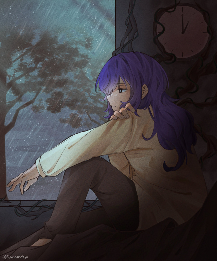 1girl, absurdres, asahina_mafuyu, black_pants, blue_eyes, clock, closed_mouth, film_grain, frown, hair_down, highres, holding_own_arm, kanonondayo, knee_up, long_hair, long_sleeves, night, night_sky, pants, project_sekai, purple_hair, rain, shirt, sitting, sky, solo, tree, twitter_username, window, yellow_shirt