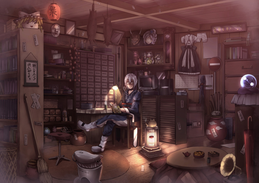 absurdres, amaneko, amazon_(company), bad_id, bloomers, bookshelf, broom, chair