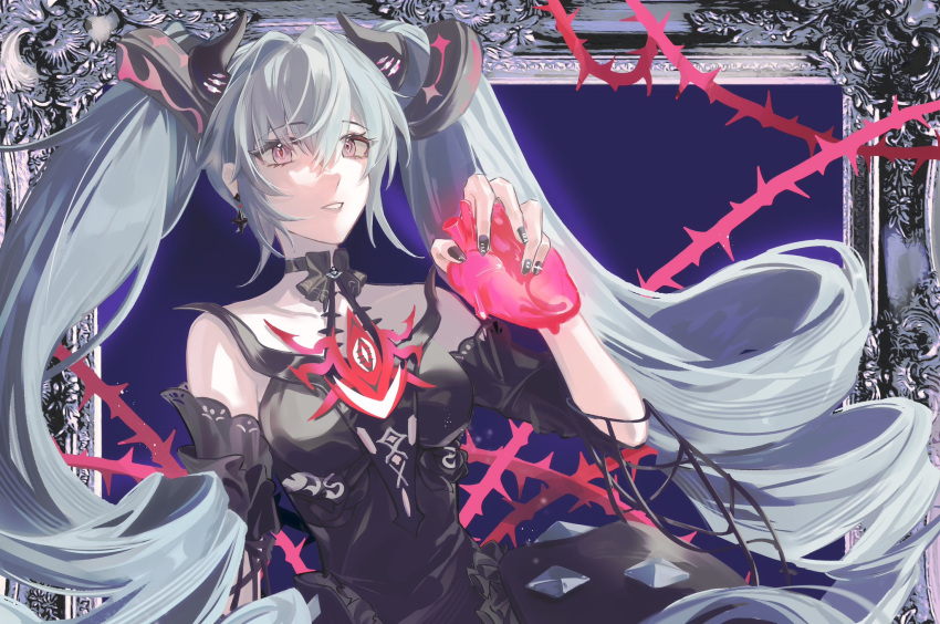 1girl, athreya_lia, black_dress, detached_sleeves, dress, earrings, grey_hair, hair_intakes, heart, highres, jewelry, long_hair, luna_(pgr), parted_lips, punishing:_gray_raven, sidelocks, solo, thorns, very_long_hair