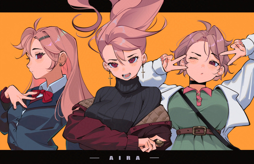 1girl, absurdres, arms_up, bea_lenoir, belt, black_sweater, breasts, brown_belt