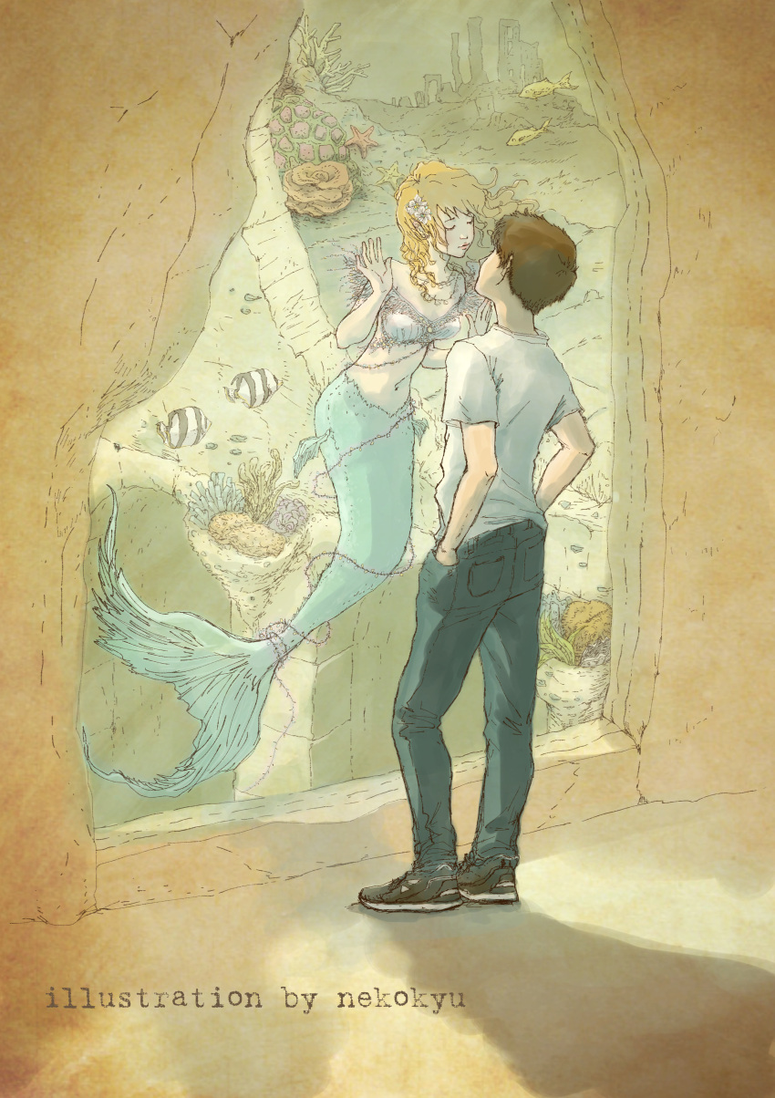 1boy, 1girl, absurdres, air_bubble, blonde_hair, blush, brown_hair, bubble
