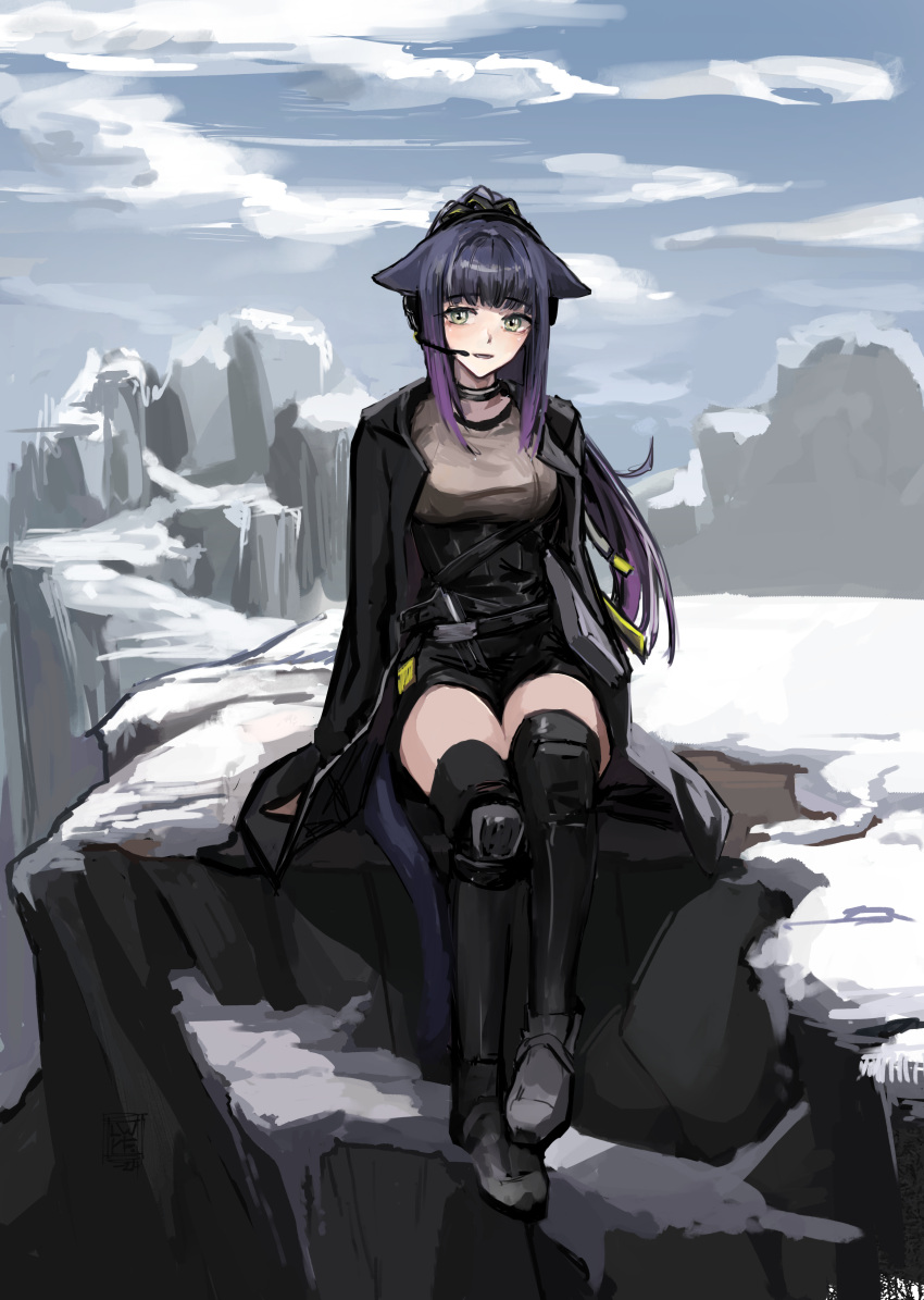 1girl, absurdres, animal_ears, arknights, black_coat, black_footwear, black_jacket, black_shirt