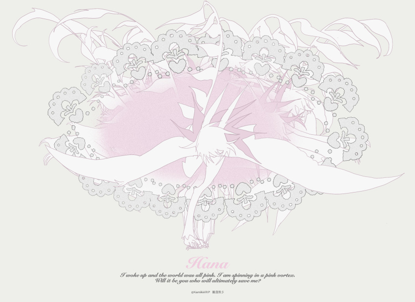 abstract_background, animal_ears, creature, english_text, flower, full_body, highres, kamikiririp