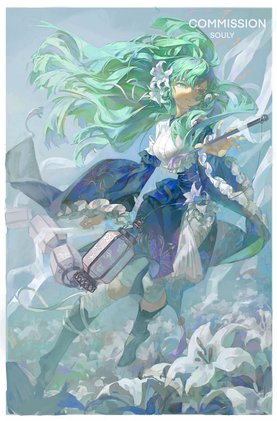 1girl, artist_name, bandaged_leg, bandages, black_footwear, blue_dress, blue_sky, boots, border, breasts, commentary, commission, day, detached_sleeves, dress, english_commentary, field, floating, floating_clothes, floating_hair, flower, flower_field, full_body, green_eyes, green_hair, hair_flower, hair_ornament, hair_ribbon, highres, holding, holding_lantern, japanese_clothes, kimono, knee_boots, lantern, large_breasts, layered_sleeves, lily_(flower), long_hair, long_sleeves, original, outdoors, palms, pants, pants_under_dress, paper_lantern, parted_lips, ribbon, ribbon-trimmed_sleeves, ribbon_trim, sky, solo, souly, white_border, white_flower, white_kimono, white_pants, white_ribbon, wide_sleeves