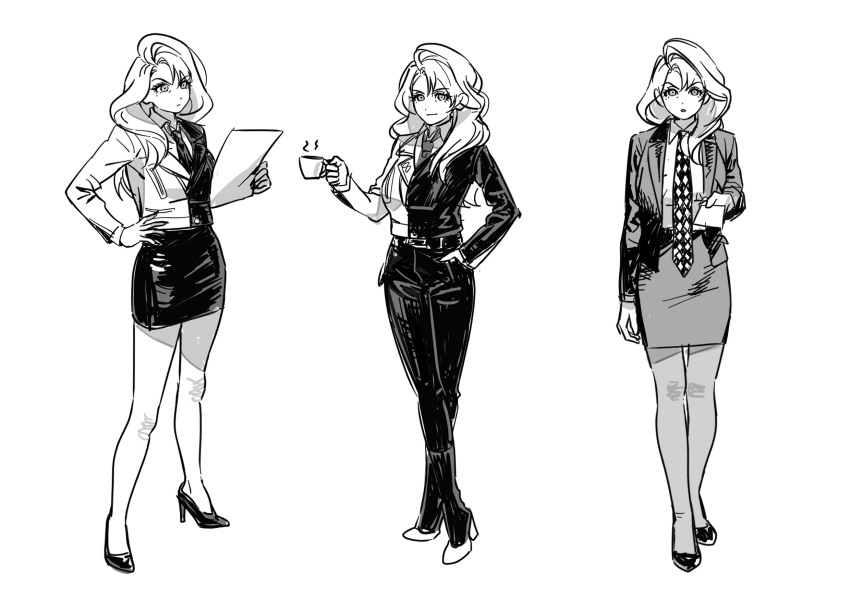 1girl, amaguni_hitoya, big_hair, card, checkered_necktie, collared_shirt, cup, doshi0810, full_body, genderswap, genderswap_(mtf), greyscale, high_heels, highres, holding, holding_card, holding_cup, holding_paper, hypnosis_mic, jacket, knee_blush, leather, leather_jacket, light_smile, looking_at_viewer, mature_eyes, mature_female, mole, mole_under_eye, monochrome, multicolored_clothes, multicolored_jacket, multiple_views, necktie, open_clothes, open_jacket, pantyhose, paper, pencil_skirt, shirt, simple_background, sketch, skirt, stiletto_heels, suit_jacket, two-tone_jacket, v-shaped_eyebrows