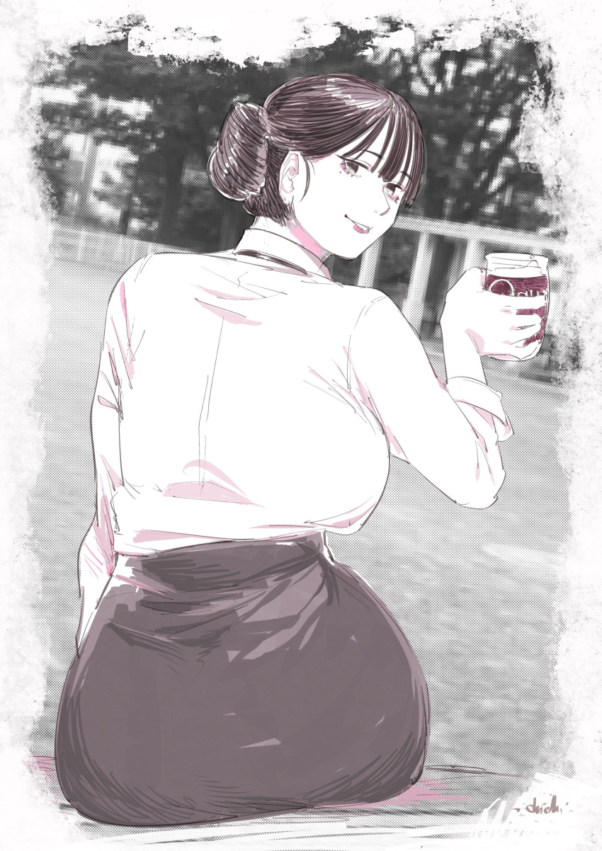 1girl, absurdres, artist_name, ass, black_skirt, breasts, brown_hair, can
