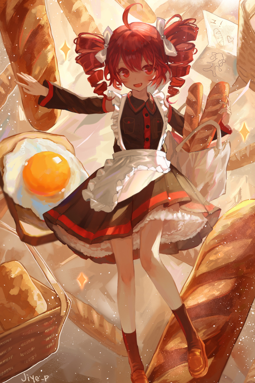 1girl, ahoge, alternate_costume, apron, bag, baguette, black_dress, black_sleeves