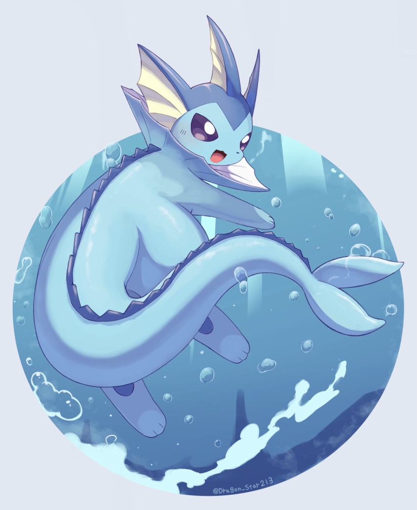 animal_focus, bright_pupils, bubble, dragon_star213, fins, forked_tail, head_fins, highres, no_humans, open_mouth, pokemon, pokemon_(creature), smile, tail, twitter_username, vaporeon, violet_eyes, water, white_pupils