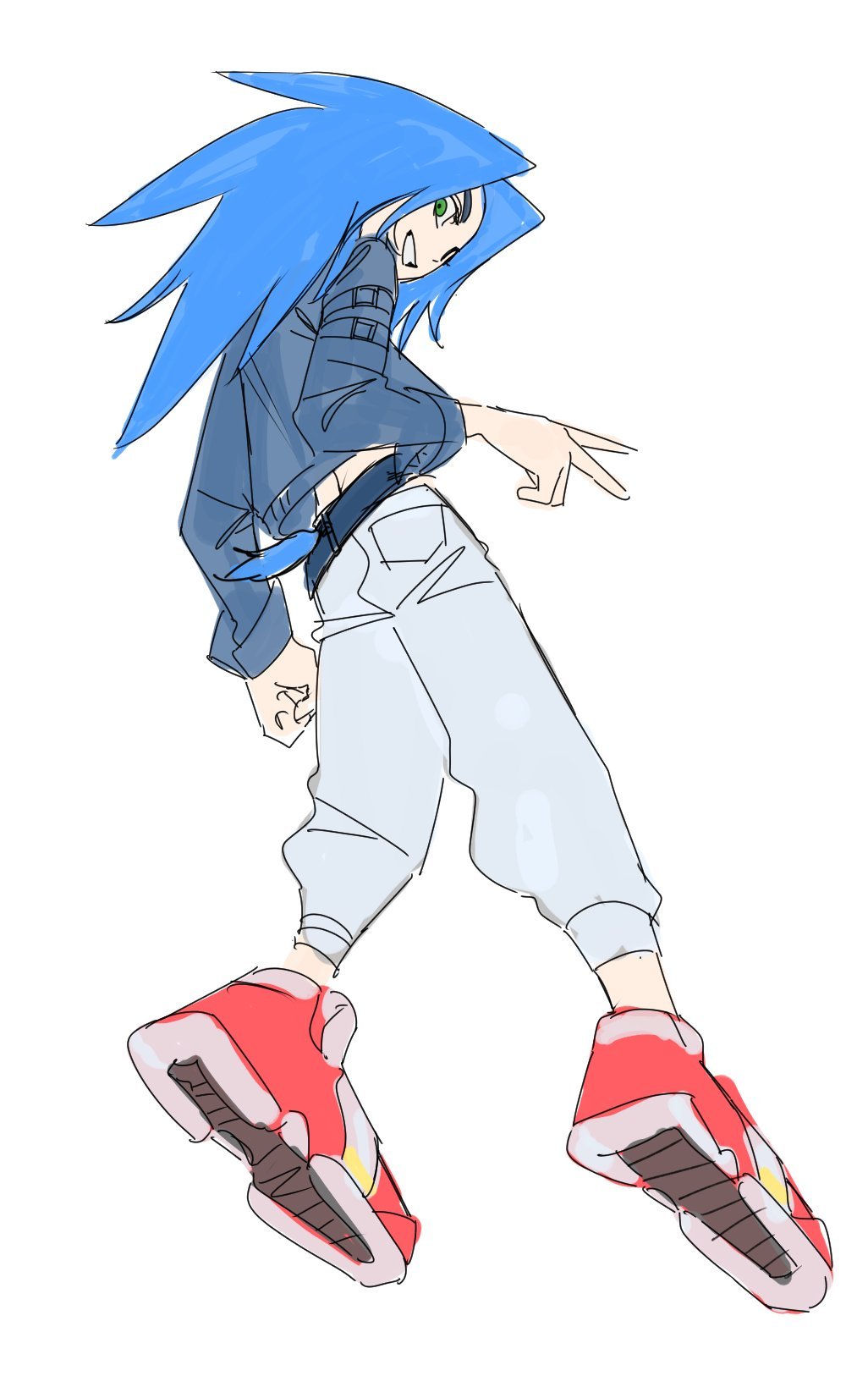 1boy, arm_belt, arm_up, belt, belt_buckle, blue_hair, blue_jacket, buckle
