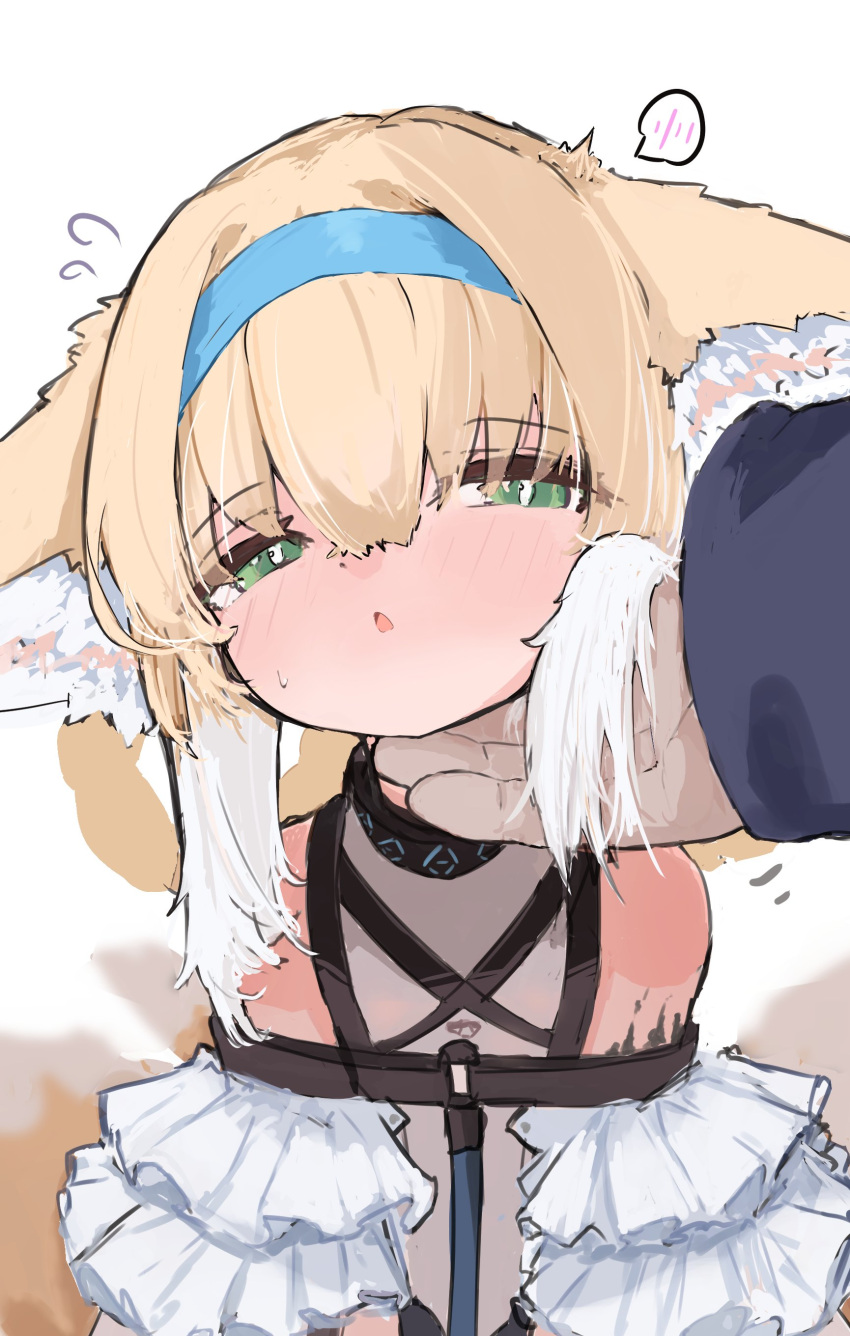 1girl, 1other, absurdres, arknights, bare_shoulders, blonde_hair, blue_hairband, commentary