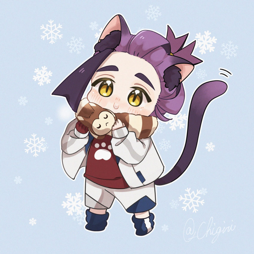 1boy, animal_ears, blue_footwear, brown_scarf, cat_ears, cat_tail, chibi, chigiri_(_chigiri_)