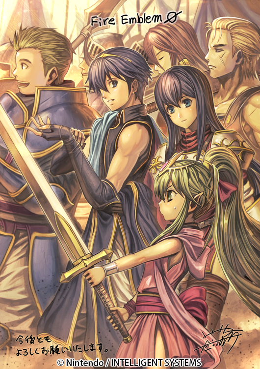 2girls, 4boys, armor, blonde_hair, blue_eyes, blue_hair, caeda_(fire_emblem), commentary_request