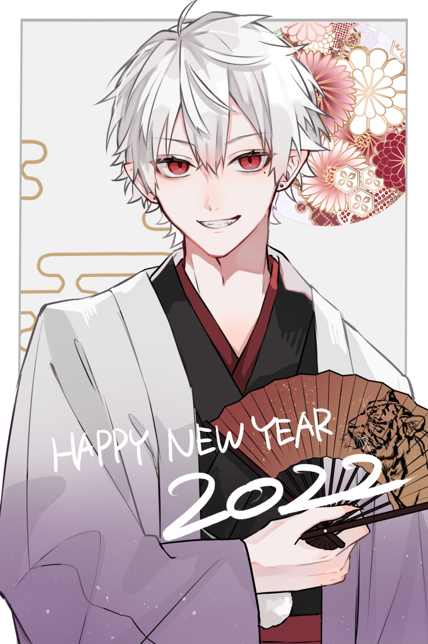 1boy, 2022, ahoge, animal_print, black_kimono, border, chinese_zodiac, commentary_request
