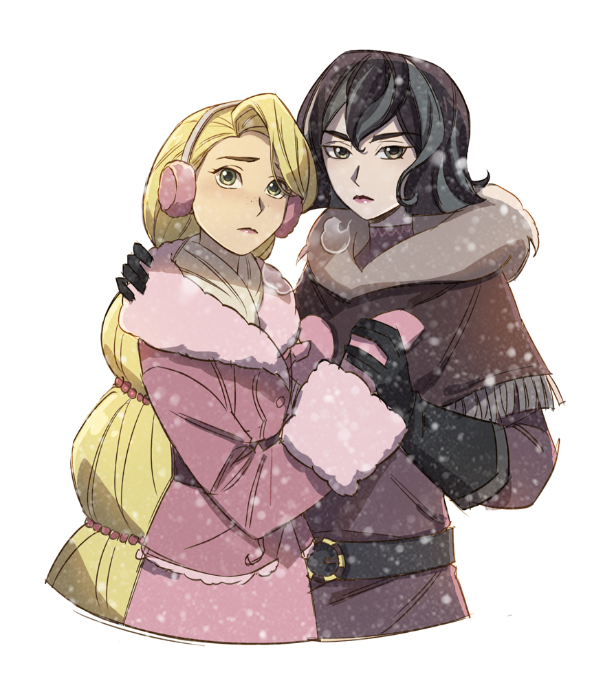 2girls, belt, black_gloves, black_hair, blonde_hair, breath, brown_coat, c0s0m2