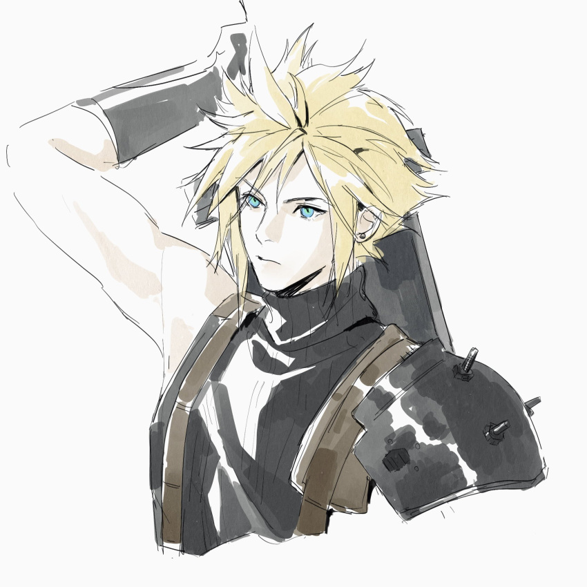 1boy, arm_up, black_gloves, black_sweater, blonde_hair, blue_eyes, buster_sword, closed_mouth