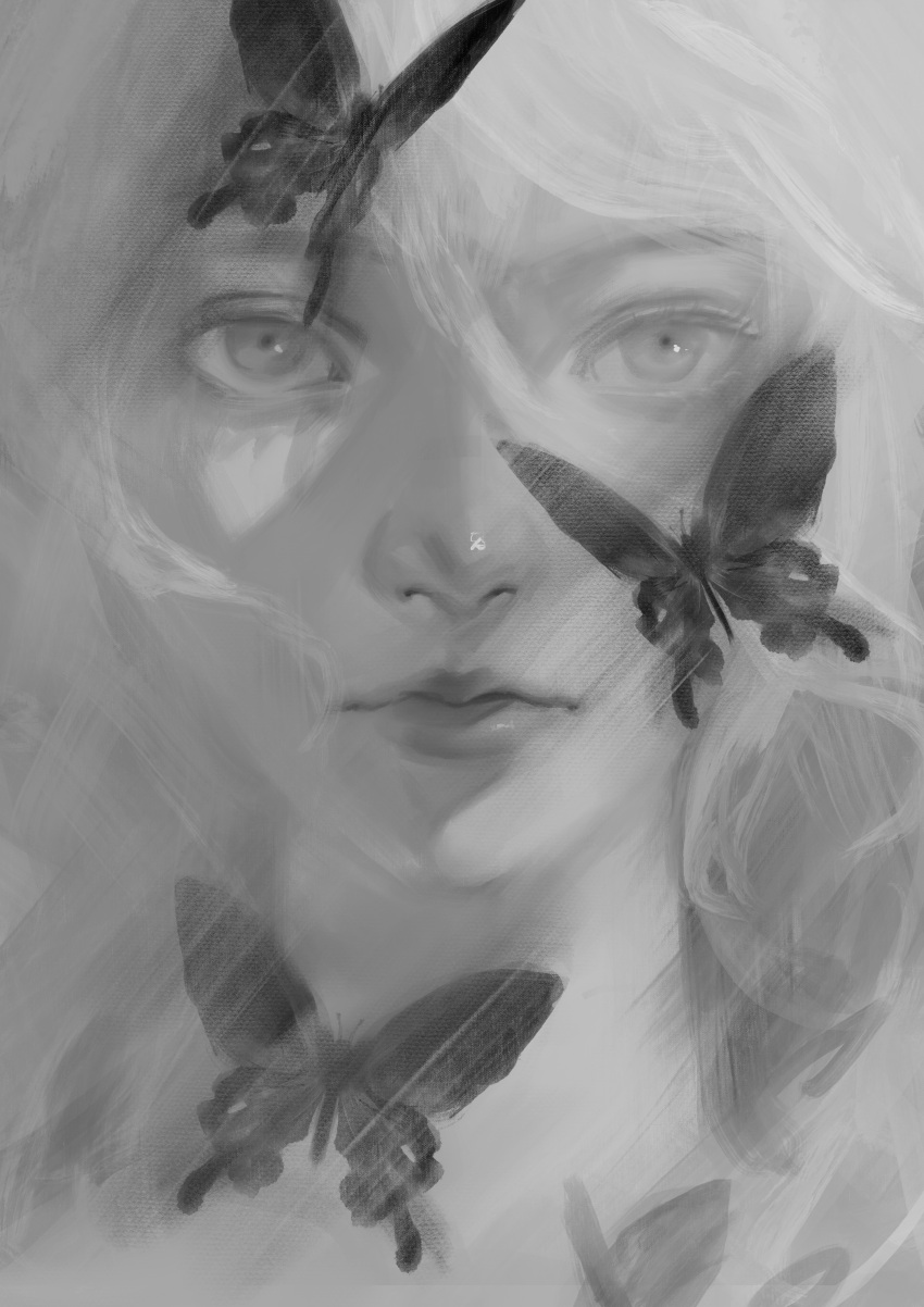 1girl, absurdres, black_butterfly, brush_stroke, bug, butterfly, commentary, commentary_request