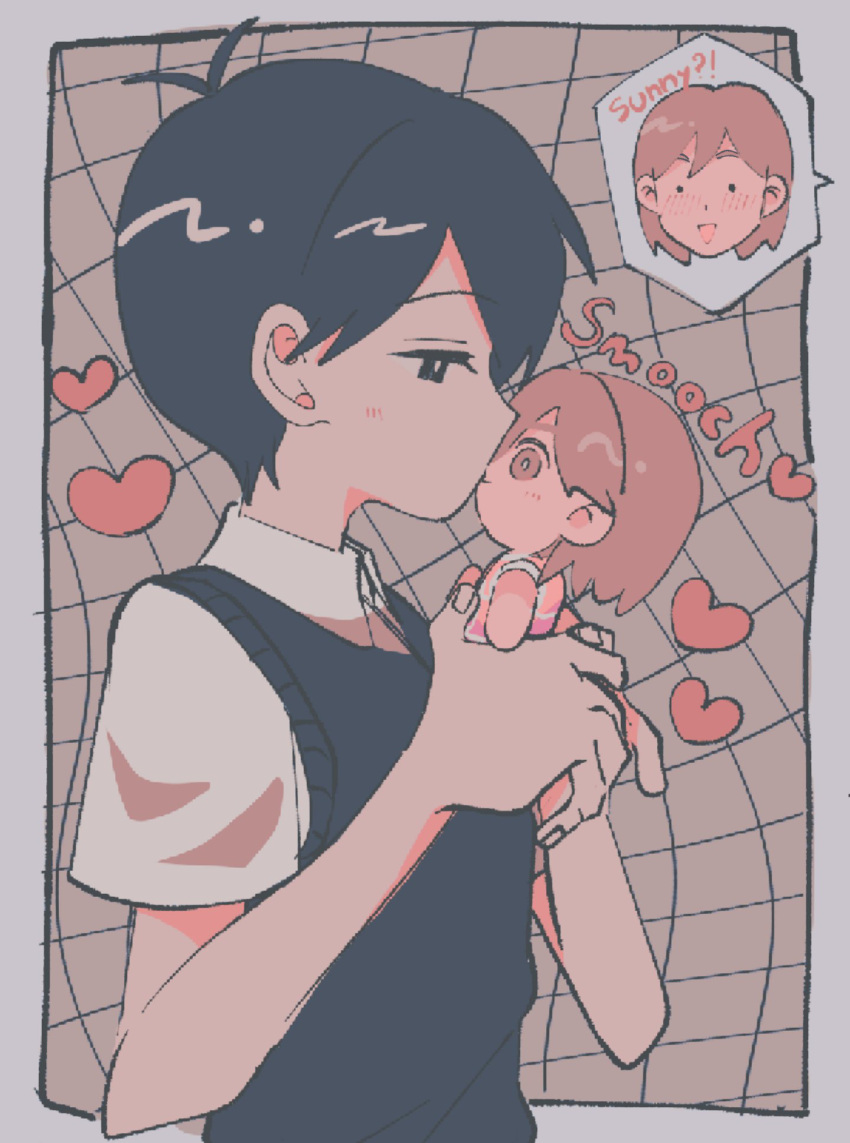 2boys, antenna_hair, black_eyes, black_hair, black_sweater_vest, blush, border, bright_pupils, brown_background, character_doll, collared_shirt, commentary_request, doll, double-parted_bangs, english_text, fingernails, grey_border, grid_background, hair_behind_ear, hair_between_eyes, hands_up, harumiya_ut, heart, highres, holding, holding_doll, implied_yaoi, jaggy_lines, kel_(faraway)_(omori), kel_(omori), kiss, male_focus, multiple_boys, no_mouth, omori, outside_border, profile, shirt, short_hair, short_sleeves, simple_background, spoken_character, sunny_(omori), sweater_vest, triangle_mouth, upper_body, white_pupils, white_shirt