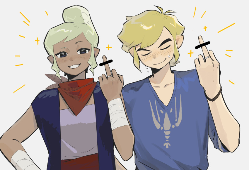 blonde_hair, blue_sweater, blue_vest, bracelet, elf, grey_eyes, highres, jewelry