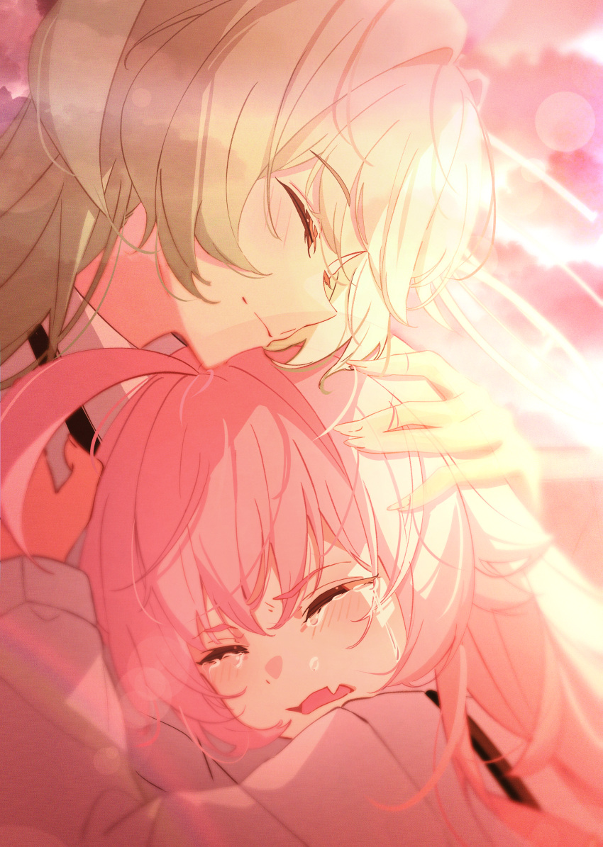2girls, \||/, absurdres, ahoge, blue_archive, blush, close-up, closed_eyes