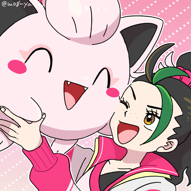 1girl, black_hair, blush_stickers, brown_eyes, closed_eyes, collarbone, fangs, green_hair