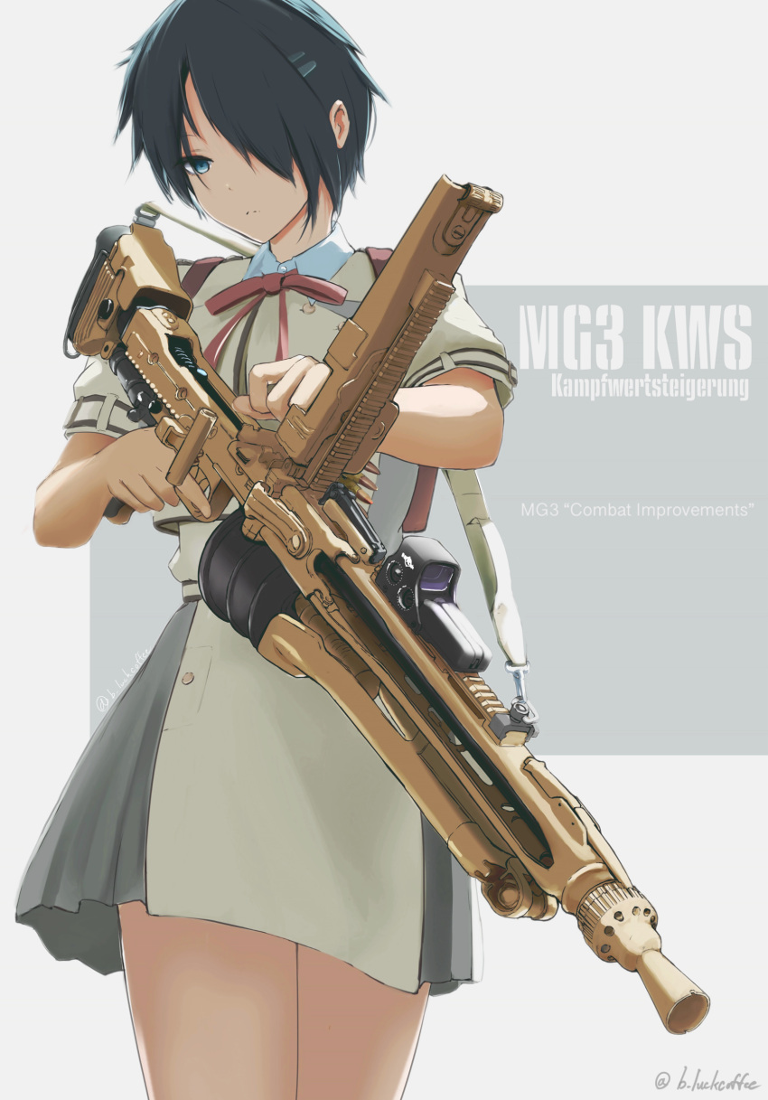 1girl, b-luck_coffee, black_hair, blue_eyes, character_request, commission, dress, expressionless, german_text, gun, hair_over_one_eye, highres, lycoris_recoil, lycoris_uniform, machine_gun, mg3, pixiv_commission, reloading, short_sleeves, solo, weapon, white_background, white_dress