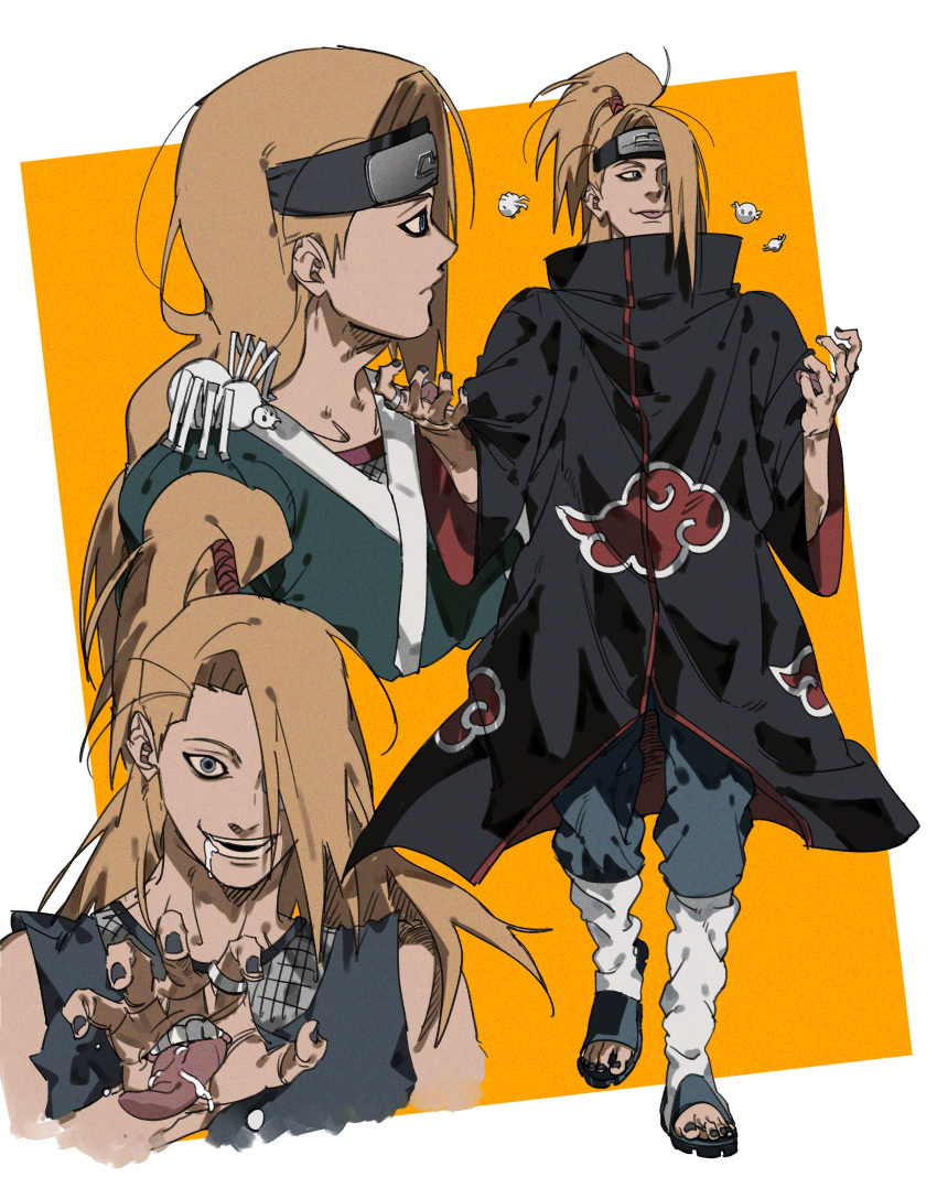 1boy, absurdres, akatsuki_uniform, black_coat, blonde_hair, blue_eyes, chasenmage, coat, deidara_(naruto), dong2taku, forehead_protector, green_kimono, highres, iwagakure_symbol, japanese_clothes, kimono, long_hair, male_focus, motoyui, naruto_(series), naruto_shippuuden, open_mouth, simple_background, toeless_footwear, tongue, tongue_out, two-tone_background