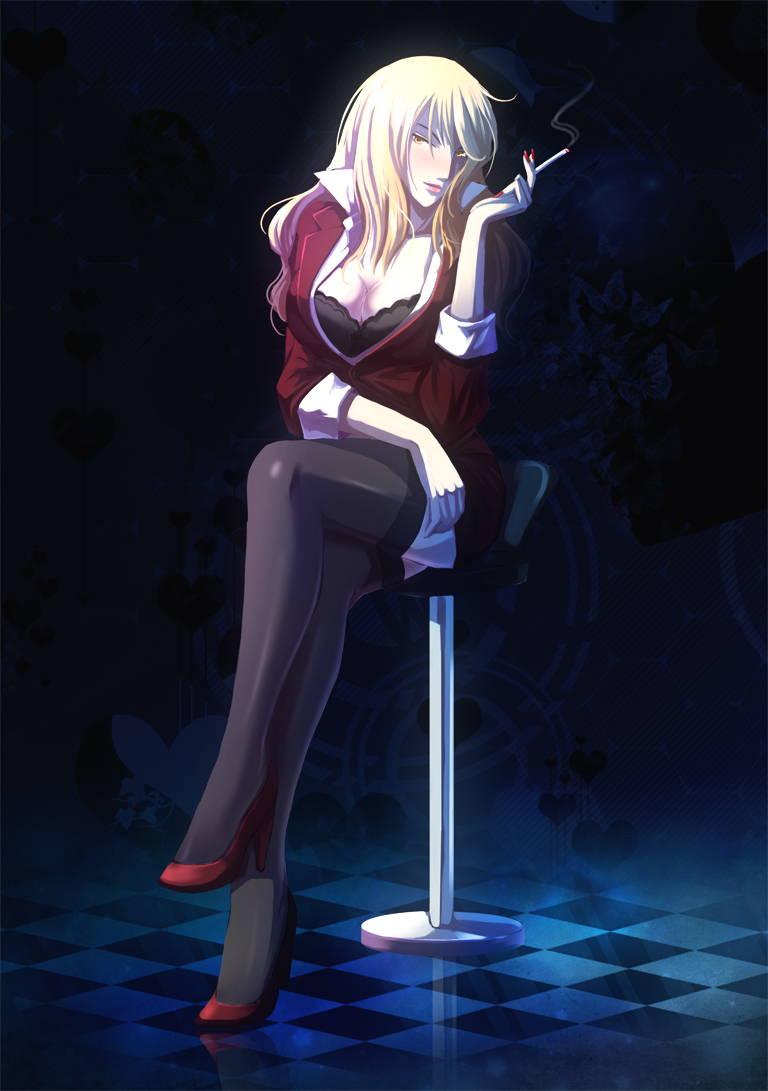 blonde_hair, bra, breasts, cigarette, cleavage, crossed_legs, formal, legs, legs_crossed, lingerie, long_hair, long_legs, original, saya0528, sitting, solo, thigh-highs, thighhighs, thighs, underwear, yellow_eyes