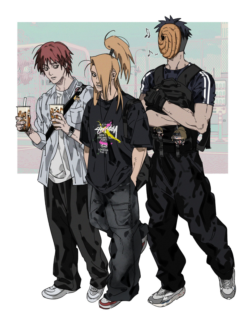 3boys, absurdres, bag, black_gloves, black_hair, black_pants, black_shirt, blonde_hair