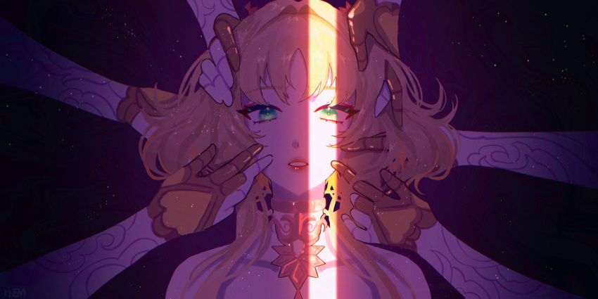 1girl, aglaea_(honkai:_star_rail), blonde_hair, close-up, collarbone, curly_hair, detached_collar, dress, greco-roman_clothes, green_eyes, hair_between_eyes, hands_in_hair, hands_on_another's_head, hashtag-only_commentary, highres, honkai:_star_rail, honkai_(series), joints, laurel_crown, light_particles, looking_at_viewer, mechanical_arms, multiple_others, parted_lips, pink_lips, rinsmeray, robot_joints, shade, short_hair
