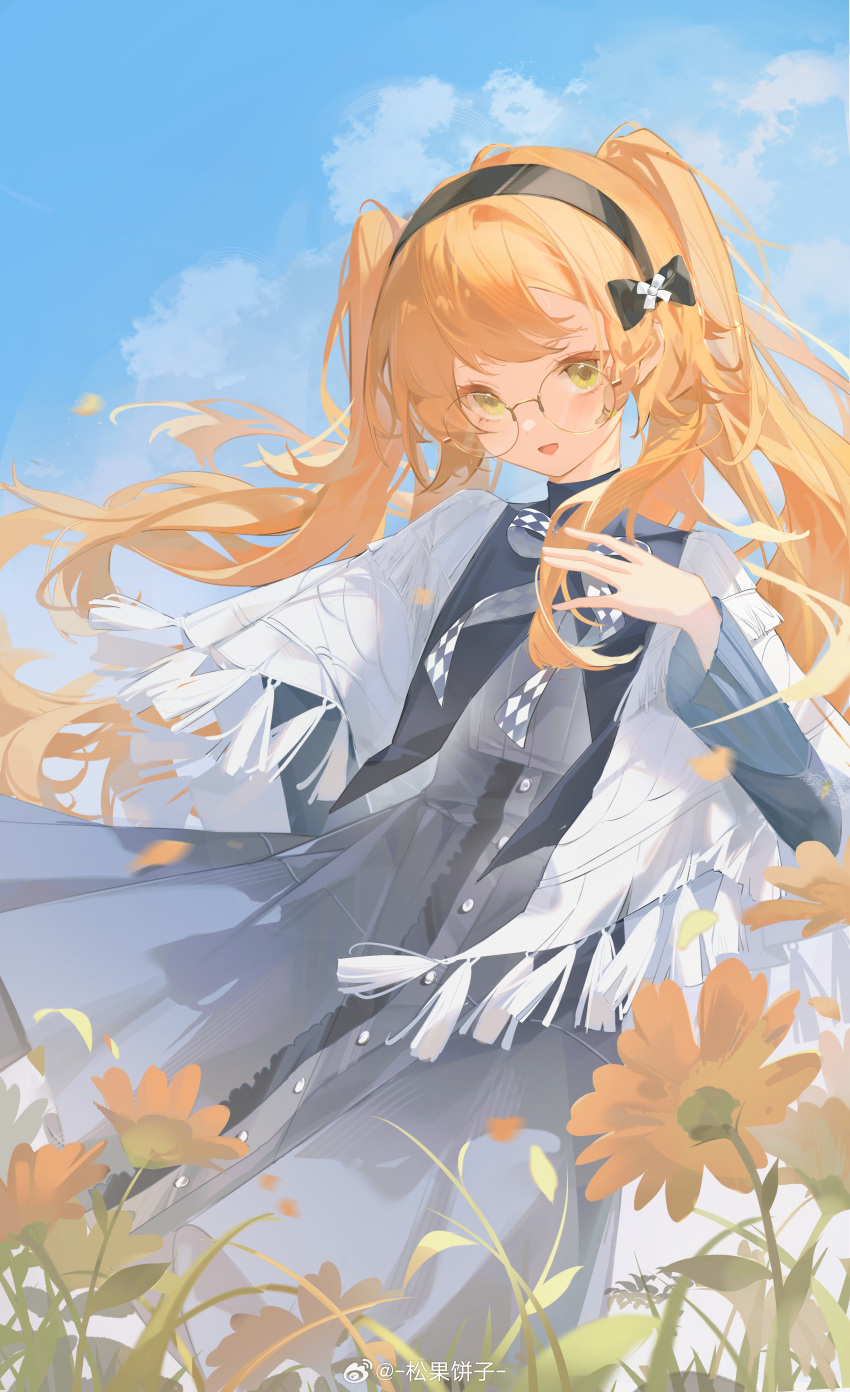 1girl, :d, absurdres, black_bow, black_hairband, blue_dress, blue_sky, bow