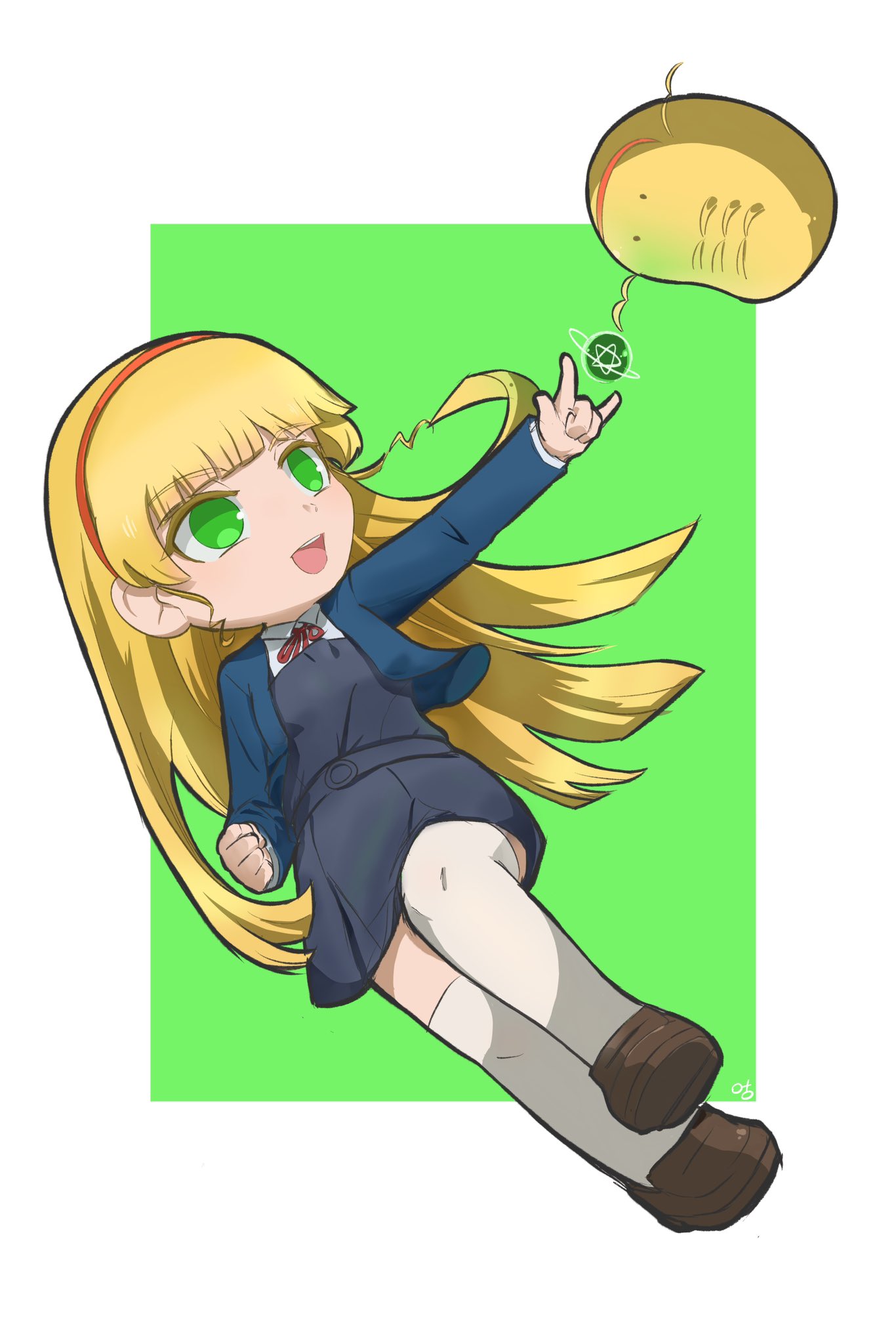 ._., 1girl, :d, \m/, animalization, blonde_hair, blue_jacket, blunt_bangs