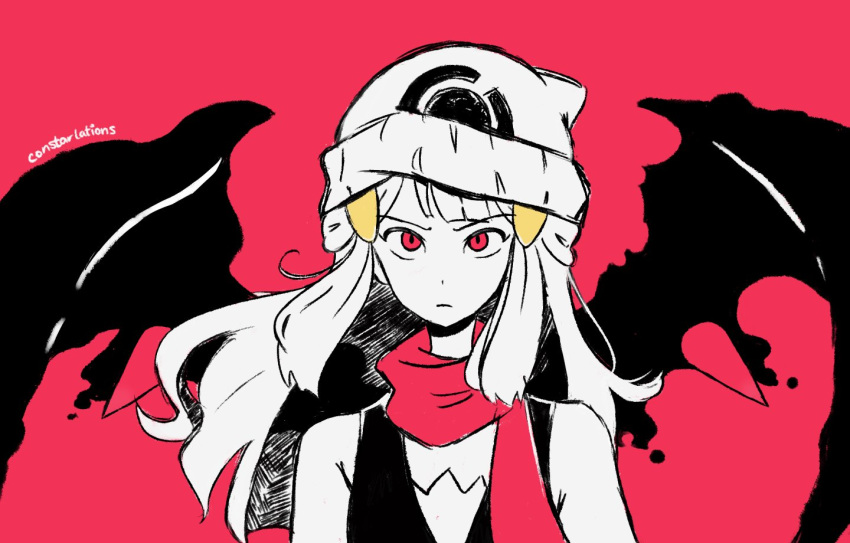 1girl, artist_name, blunt_bangs, closed_mouth, commentary, constarlations, hat, hikari_(pokemon)