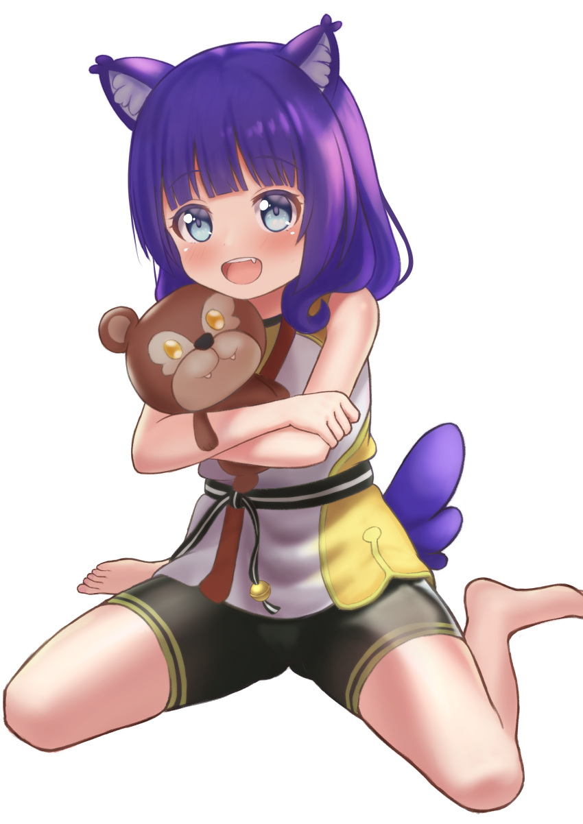 1girl, absurdres, aged_down, ak13077, animal_ear_fluff, animal_ears, barefoot, bike_shorts