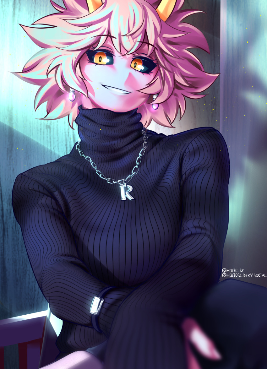 1girl, absurdres, ashido_mina, black_sclera, black_sweater, boku_no_hero_academia, chain, chain_necklace