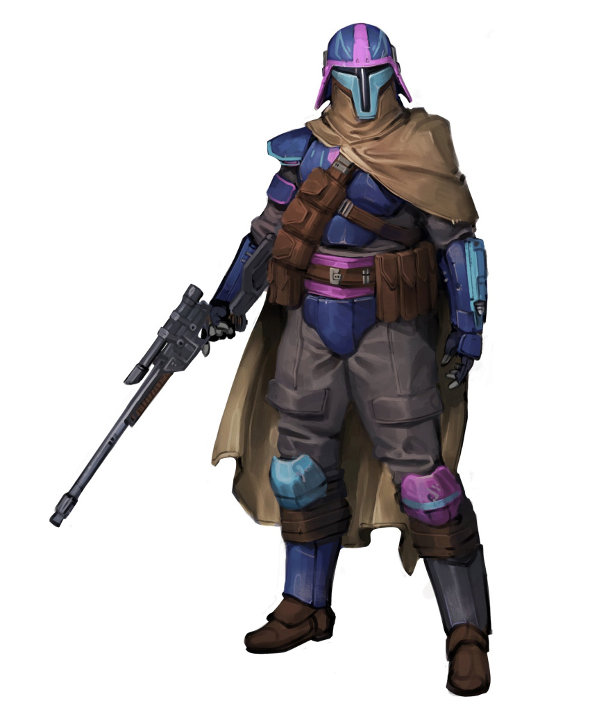 1boy, armor, belt_pouch, breastplate, brown_cape, cape, full_body, grey_pants