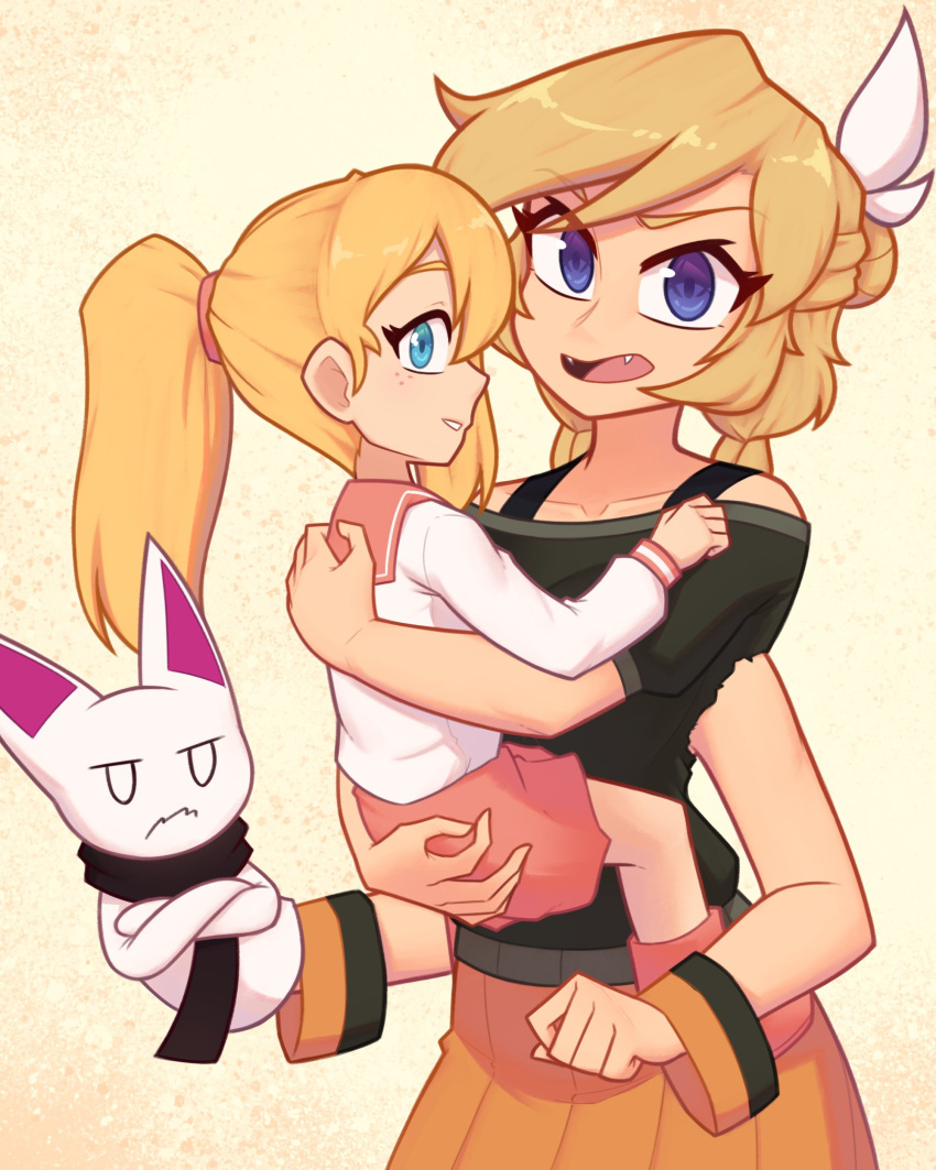 2girls, absurdres, ankle_boots, artist_self-insert, black_scarf, black_shirt, blank_eyes, blonde_hair