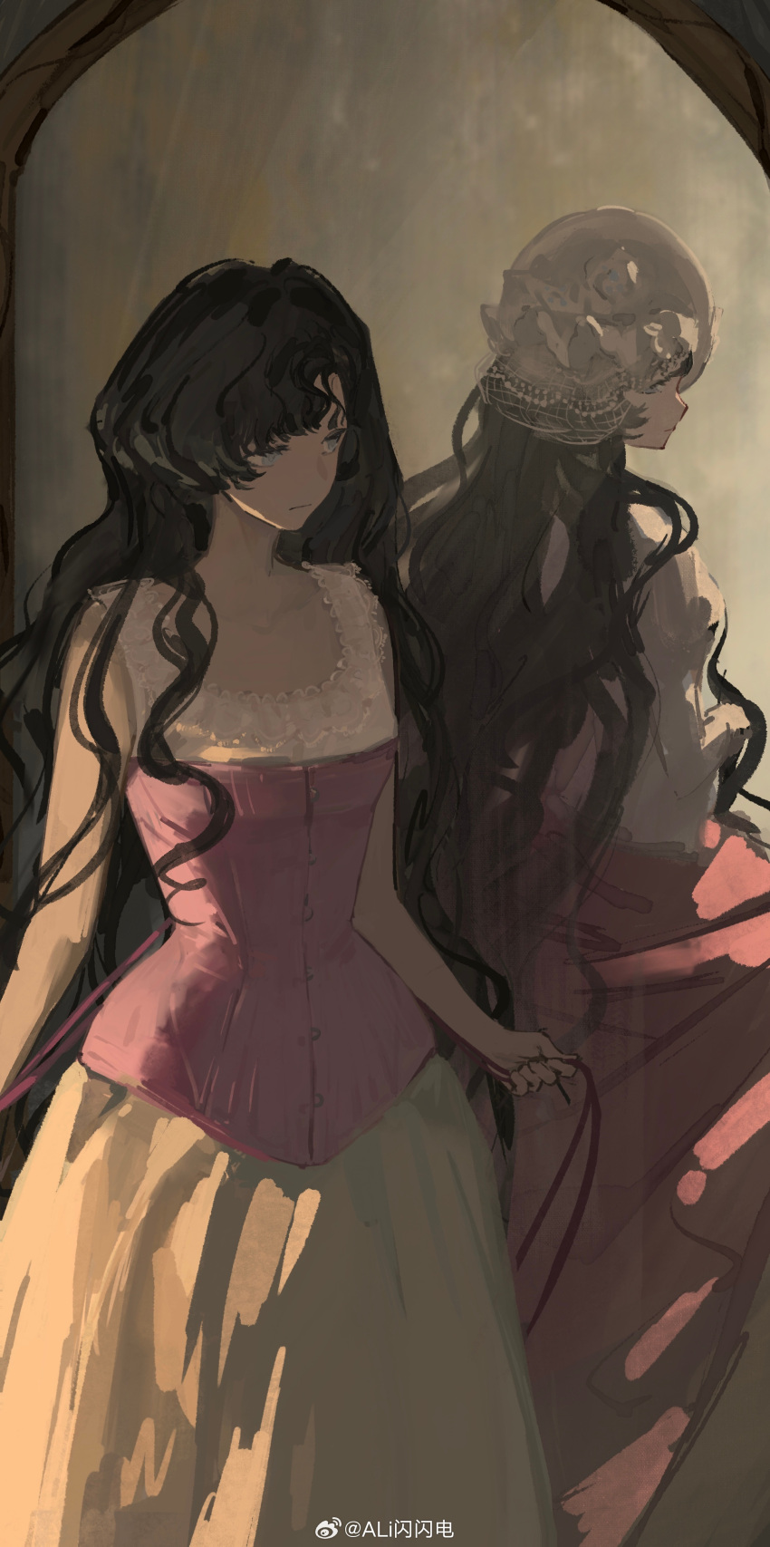 1girl, absurdres, ali_shanshandian, bare_arms, black_hair, different_reflection, dress, dressing