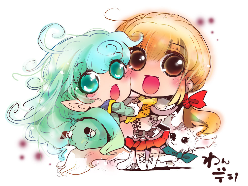 aqua_hair, blonde_hair, chibi, fortune_quest, original, pastel_(fortune_quest), rumy_(fortune_quest), shiro_(fortune_quest)