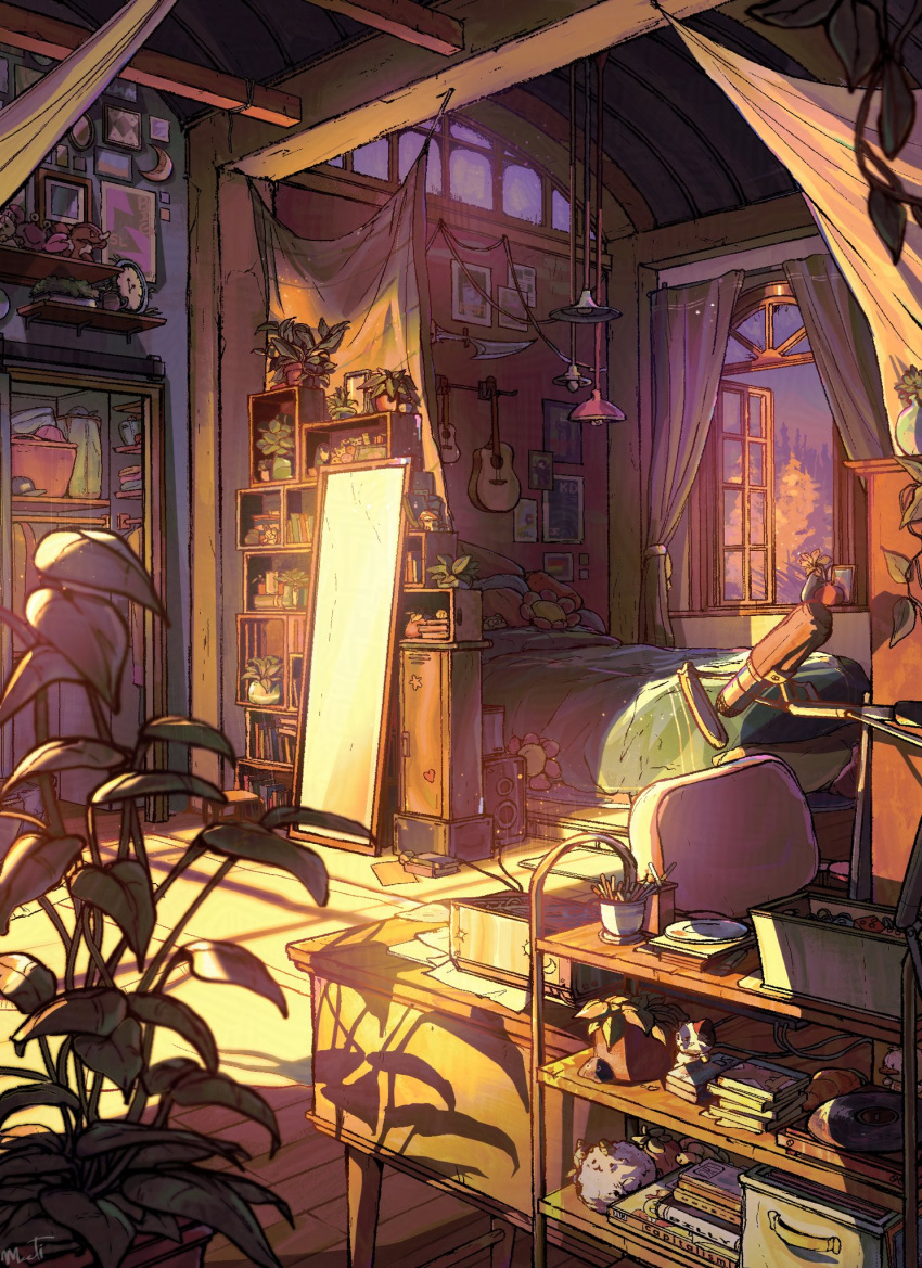 bed, bedroom, desk, guitar, highres, instrument, meeti_patel, mirror, no_humans, original, plant, potted_plant, sunlight, table, window