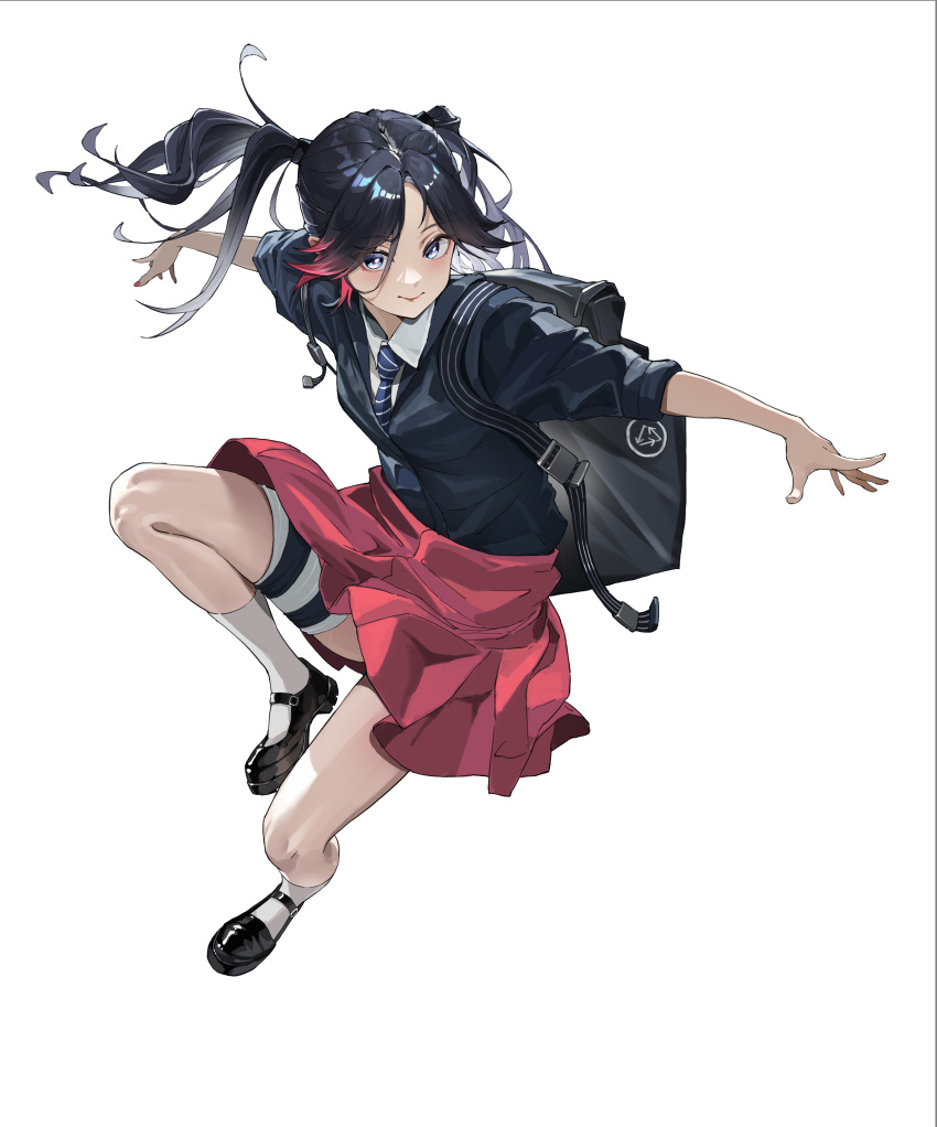 1girl, absurdres, black_bag, black_footwear, black_hair, black_jacket, blue_eyes, blush, closed_mouth, collared_shirt, commentary_request, eyeliner, full_body, highres, jacket, loafers, long_hair, looking_at_viewer, makeup, nacia153, original, outstretched_arms, red_eyeliner, red_skirt, school_uniform, shirt, shoes, simple_background, skirt, sleeves_rolled_up, smile, socks, solo, twintails, white_background, white_shirt, white_socks