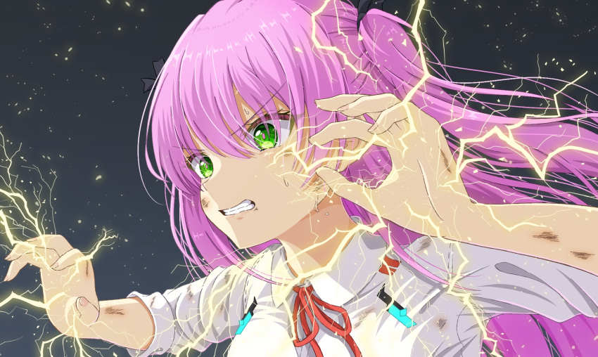 1girl, aikawa_megumi, bruise, collared_shirt, commentary_request, electricity, electrokinesis, green_eyes