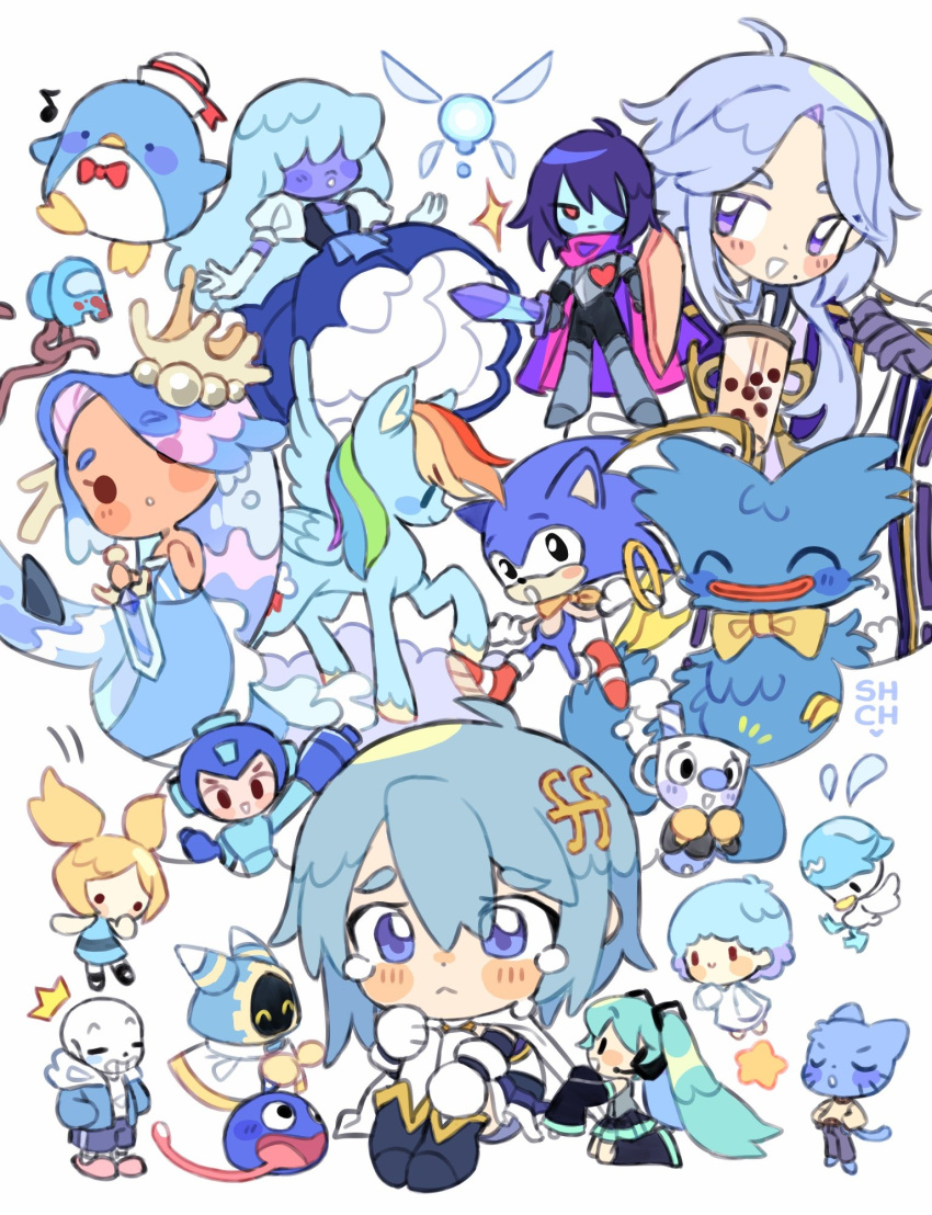 2others, 5girls, 6+boys, among_us, aqua_hair, bird, blue_(among_us), blue_hair